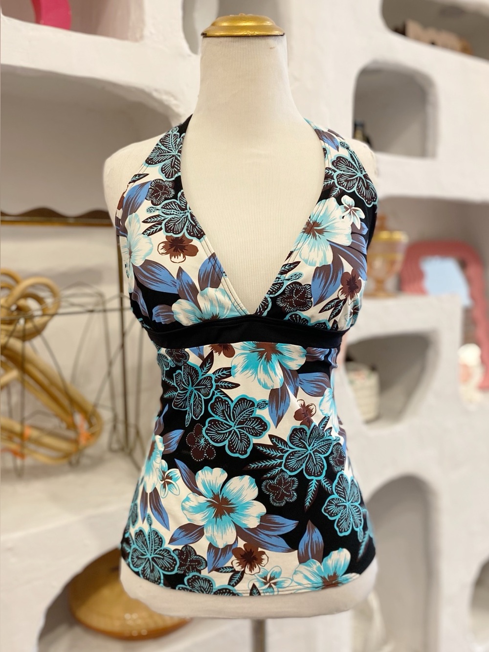 Y2K Blue Floral V Neck Tankini Halter Swimsuit Top with Padding
